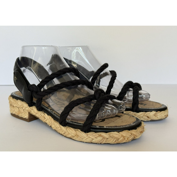 SAM EDELMAN Cristan Black Rope & Leather Strappy Rafia Sandals Size 7 Beachy EUC - Picture 1 of 12